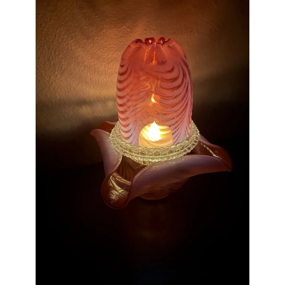 Fenton Fairy Lamp 3 Piece Cranberry Opalescent Swirl Drapery Pattern Candle